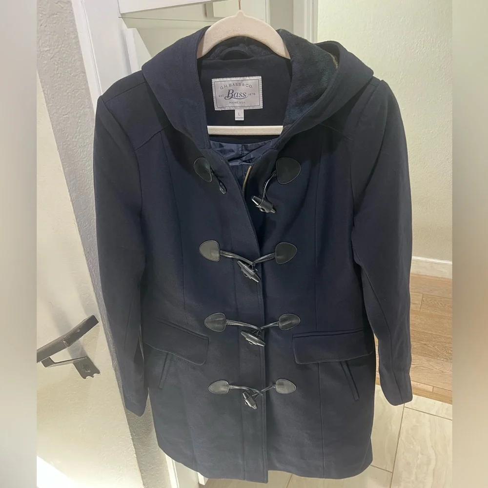 NWOT G H Bass High Quality Navy Blue Hooded Pea Coat/ Duffle Coat - Picture 2 of 12